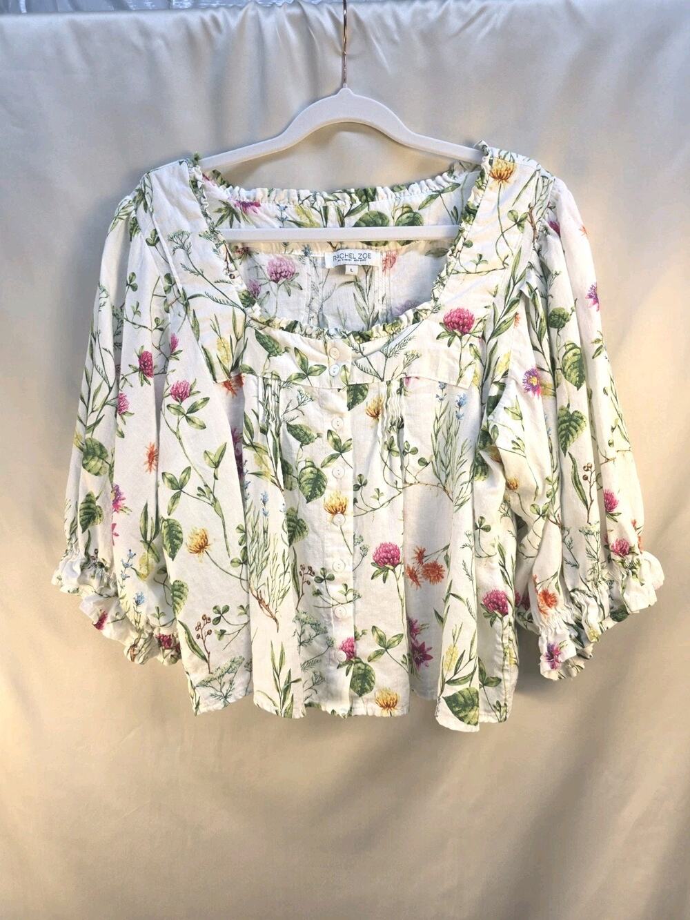 Rachel Zoe Women's Large Linen Rayon Floral Blouse Romantic Cottagecore Peasant